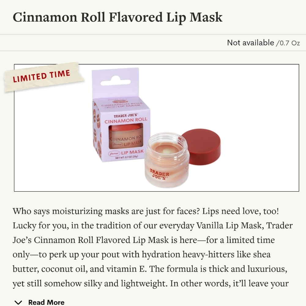 Trader Joe’s Lip Mask Cinnamon Roll NWT